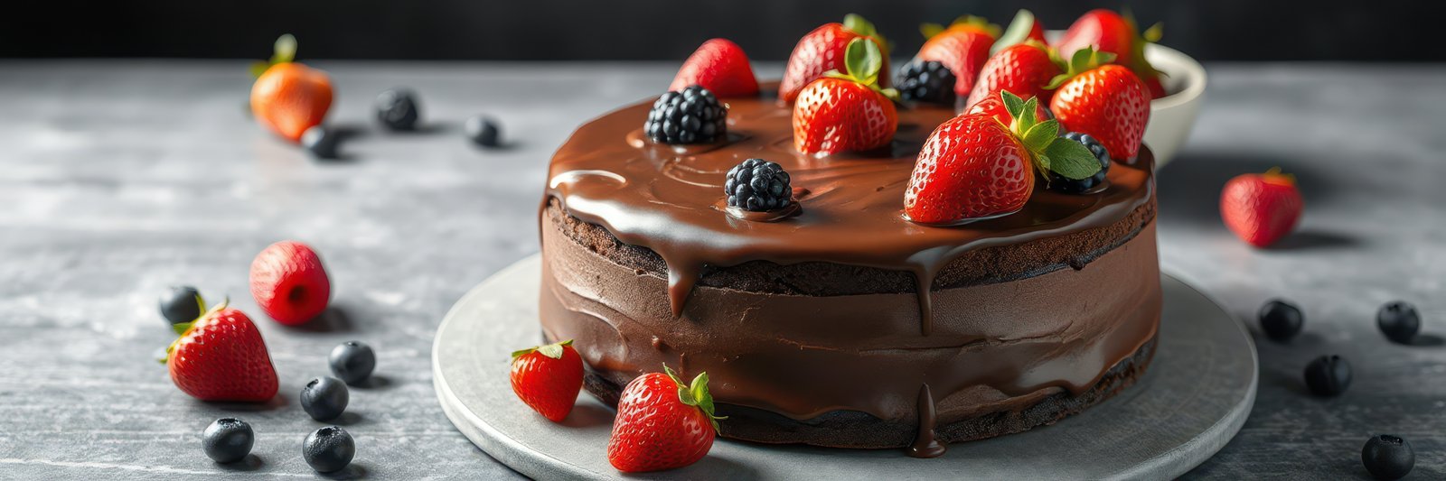 Delicious chocolate cake topped with fresh strawberries and blackberries on a rustic table